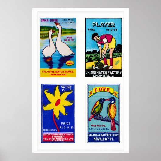 Poster Blue Indian Matchbox Labels Grid Print, Vintage (Devant)