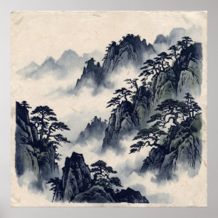 Poster Blue Ink Mountain Forest