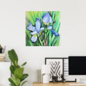 Poster Blue Iris Flower Original Art Drawing Floral  (Bureau à domicile)