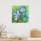 Poster Blue Iris Flower Original Art Drawing Floral  (Cuisine)