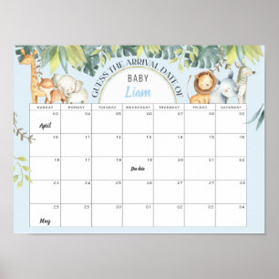 Poster Blue jungle animaux garçon baby shower jeu de devi