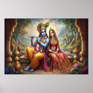 Poster Blue Krishna Art : Radha & Deity Flute, Dieu indie