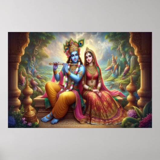 Poster Blue Krishna Art : Radha & Deity Flute, Dieu indie (Devant)