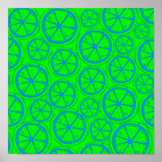 Poster Blue Lime Lemon Pattern with Neon Green Background (Devant)
