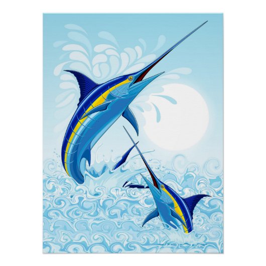 Poster Blue Marlin Jumping out of Ocean (Devant)