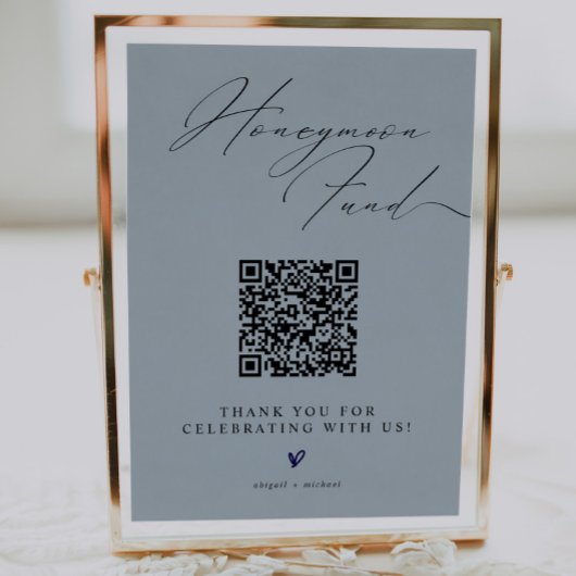 Poster Blue Minimalist Honeymoon Fund Sign with QR Code