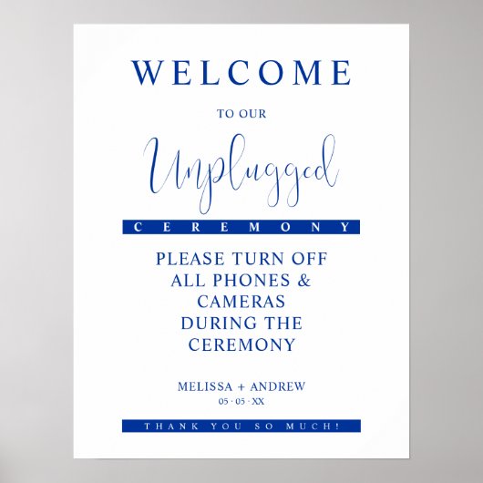 Poster Blue Minimalist Unplugged Wedding Sign (Devant)