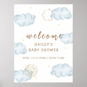 Poster Blue Moon Star Cloud Boy Baby shower Bienvenue
