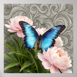 Poster Blue Morpho Butterfly Floral Botanical Art  Poste