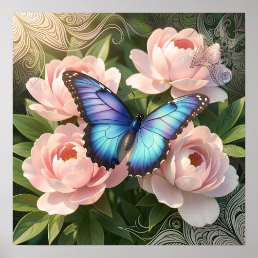 Poster Blue Morpho Butterfly Floral Botanical Art  Poste (Devant)