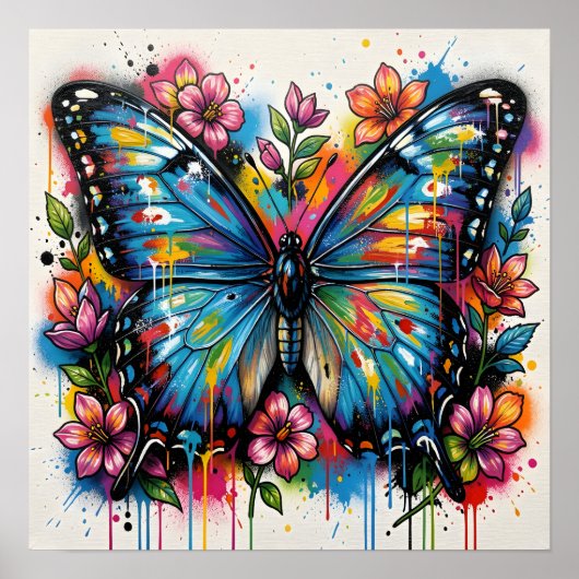 Poster Blue Morpho Butterfly Street Art Graffiti Grunge (Devant)