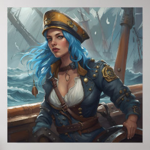 Poster - Blue Nautical Pirate Pin-Up Girl AI Image