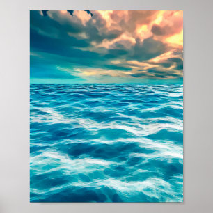 Poster Blue Ocean Seascape Ciel nuageux peinture numériqu