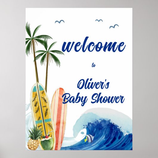 Poster Blue Ocean Wave Surboard Baby shower Bienvenue (Devant)