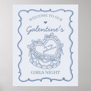 Poster Blue Retro Coquette Coeur gâteau Galentines Bienve