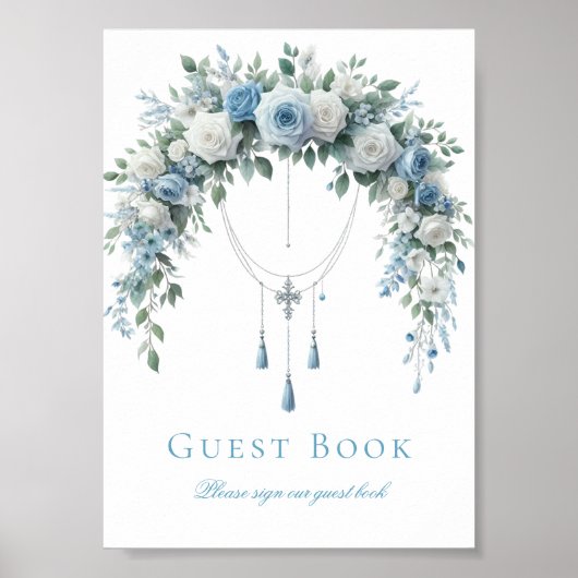 Poster Blue Rose & Silver Cross Baptism Guest Book Sign (Devant)
