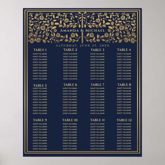 Poster Blue Royal Medieval Sword Wedding Seating Chart (Devant)
