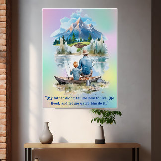 Poster Blue Smoky Mountain Cloud Lakeside Pêche Papa Son