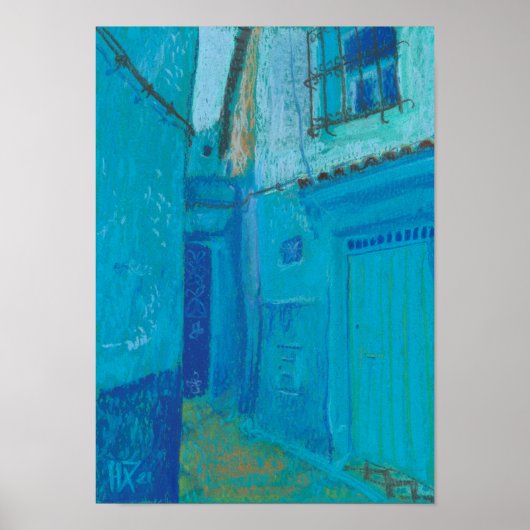 Poster Blue Street Chefchaouen Maroc Peinture Pastel (Devant)
