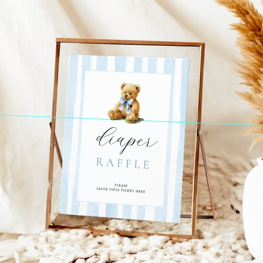 Poster Blue Stripes Bear Baby Shower Diaper Raffle 