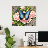 Poster Blue Swallowtail Butterfly Floral Botanical Art (Bureau à domicile)