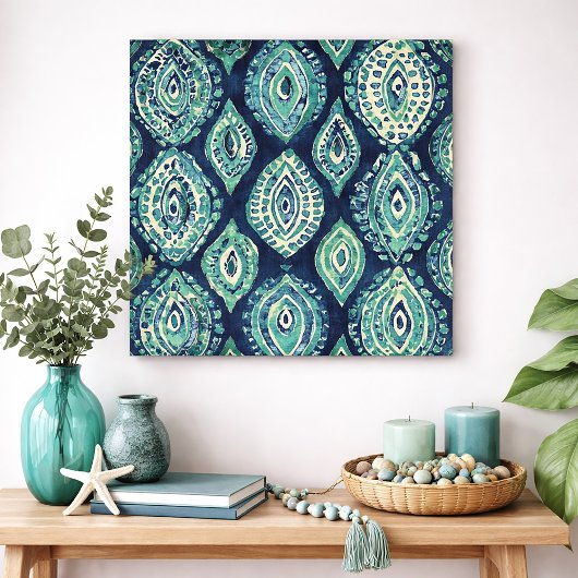 Poster Blue Teal Boho Ikat Medallion Pattern Modern Coast