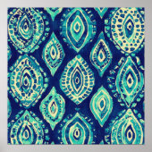 Poster Blue Teal Boho Ikat Medallion Pattern Modern Coast (Devant)