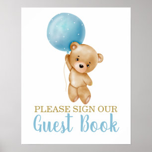 Poster Blue Teddy Bear Baby shower Garçon Signet Livre d'