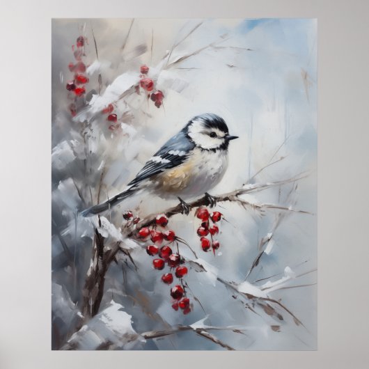 Poster Blue Tit Bird on Snowy Berries Winter Art (Devant)
