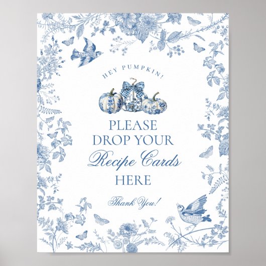 Poster Blue Toile Pumpkin French Fall Share a Recipe Sign (Devant)