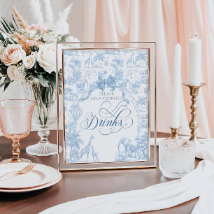 Poster Blue Toile Safari Baby shower animal Boissons