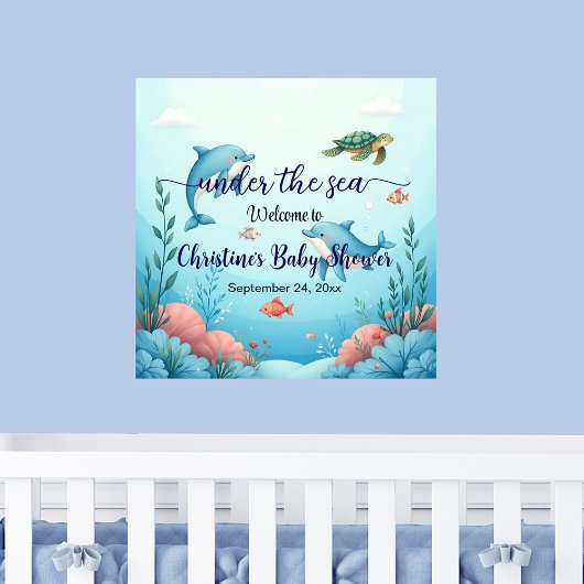 Poster Blue Under the Sea Baby shower Bienvenue