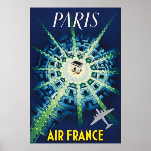 Poster Blue Vintage Paris French Air Travel Europe (Devant)