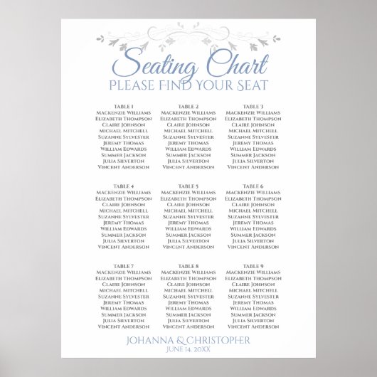 Poster Blue & White Elegant 9 Table Wedding Seating Chart (Devant)
