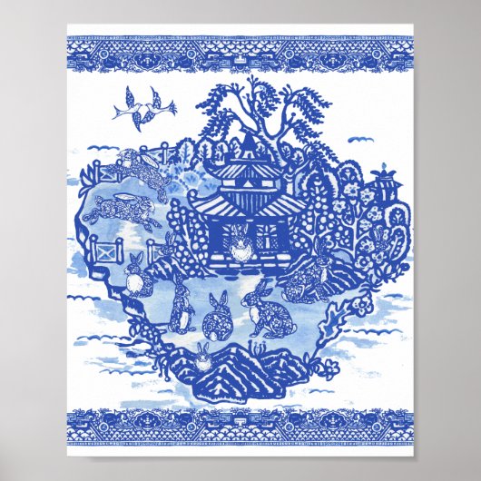 Poster Blue Willow Rabbit Island Whimsical Oriental Art (Devant)