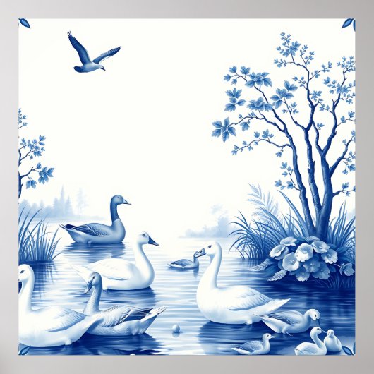 Poster Blue Willow Swans Lake Scene (Devant)
