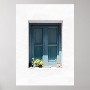 POSTER BLUE WOODEN DOOR ON WHITE CONCRETE WALL