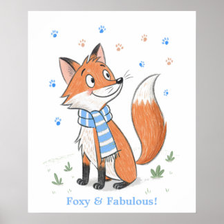 Poster Blue Woodland Cheeky Fox Jouer Doodle animal