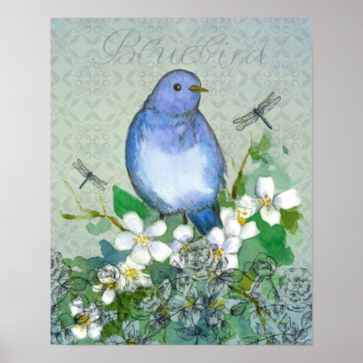 Poster Bluebird Flower Collage Dragonflies Syringa (Devant)