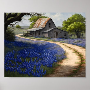 Poster Bluebonnets et la vieille grange au Texas