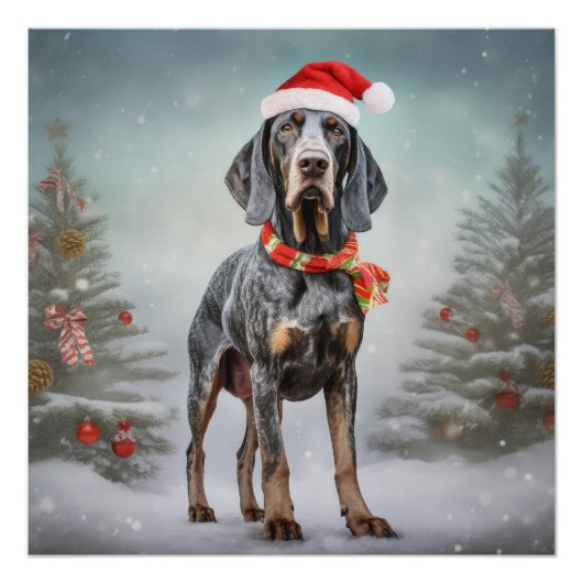 Poster Bluetick Coonhound dans la neige de Noël (Devant)
