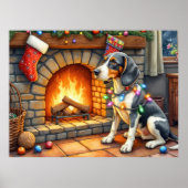 Poster Bluetick Coonhound Fireplace with Christmas Lights (Devant)