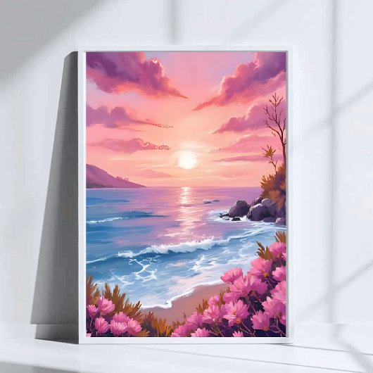 Poster Blush Beach Bay | Ocean Sunset Pink Watercolor