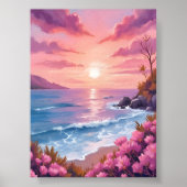 Poster Blush Beach Bay | Ocean Sunset Pink Watercolor (Devant)