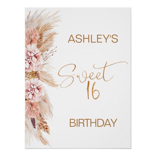 Poster Blush Boho Pampas Grass Sweet 16 Anniversaire Bien (Devant)