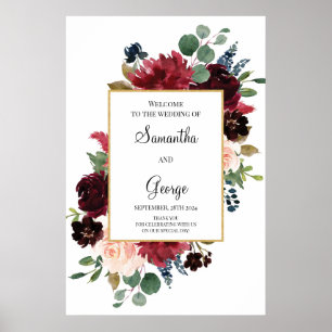 Poster Blush burgundy navy floral wedding welcome sign