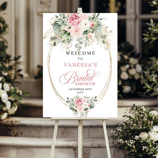 Poster Blush Chic Fleurs Dorées et Verdure Bienvenue à la