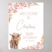 Poster Blush Floral Boho Highland Baby shower de veau de  (Devant)