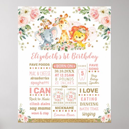 Poster Blush Floral Jungle Animaux 1er Anniversaire Étape (Devant)