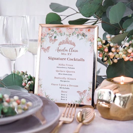 Poster Blush Floral Rose Gold Quinceanera Bar Boisson Men